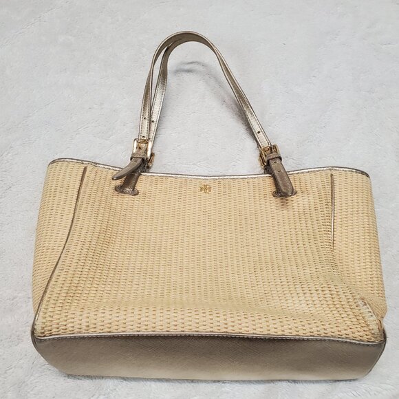 Tory Burch Nude Natural Woven Raffia York Tote Handbag Shoulder Basket Bag Purse - Picture 1 of 15